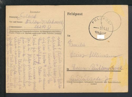 Deutsches Reich Feldpost Essen Rüttenscheid NRW siehe gleiche Korrespondenz