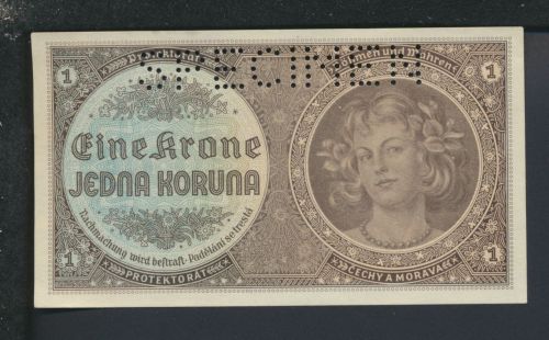 Geldscheine Banknoten Besetzung Böhmen und Mähren 1 Kr Specimen 1 UNC