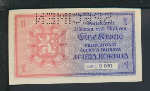 Geldscheine Banknoten Besetzung Böhmen und Mähren 1 Kr Specimen 1 UNC