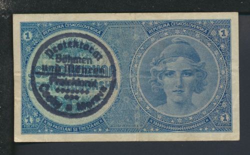 Geldscheine Banknoten Besetzung Böhmen und Mähren 1 Krone III gestempelt