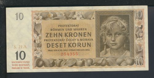 Geldscheine Banknoten Besetzung Böhmen und Mähren 10 Kronen 8.VII.1942 I UNC