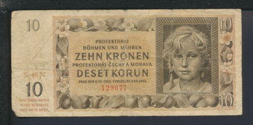 Geldscheine Banknoten Besetzung Böhmen und Mähren 10 Kronen 8.VII.1942 IV