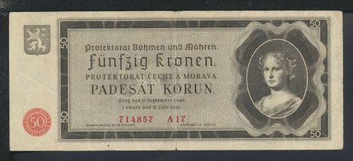 Geldscheine Banknoten Besetzung Böhmen und Mähren 50 Kronen 8.Sept.1940 III