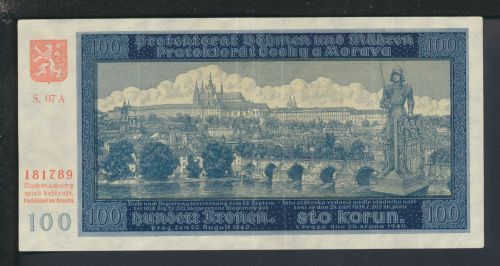 Geldscheine Banknoten Besetzung Böhmen und Mähren 100 Kronen 20.Aug.1940 II