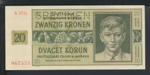 Geldscheine Banknoten Besetzung Böhmen und Mähren 20 Kronen 24.1.1944 Specimen I