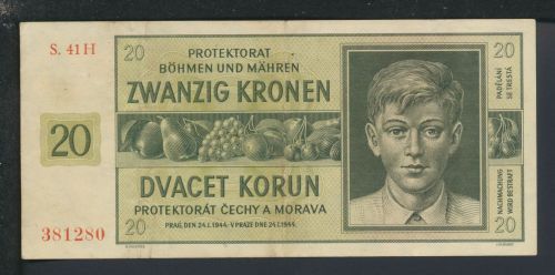 Geldscheine Banknoten Besetzung Böhmen und Mähren 20 Kronen 24.1.1944 II
