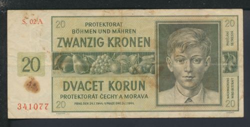 Geldscheine Banknoten Besetzung Böhmen und Mähren 20 Kronen 24.1.1944 IV