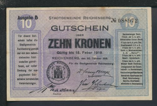 Geldscheine Banknoten Besetzung Böhmen und Mähren Reichenberg 10 Kronen 1918 III