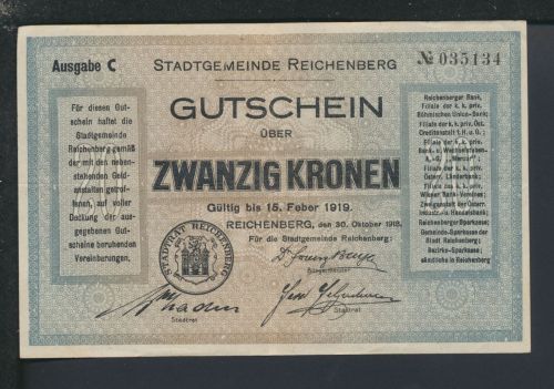 Geldscheine Banknoten Besetzung Böhmen und Mähren Reichenberg 20 Kronen 1918 II