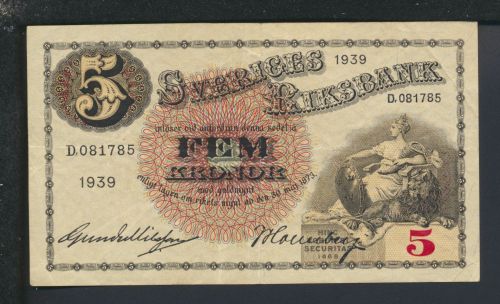 Geldscheine Banknoten Schweden 5 Kronor 1939 II