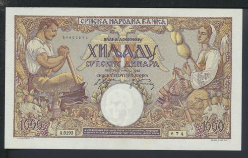 Geldscheine Banknoten Serbien 1000 Dinara Bauernpaar 1.Mai 1942 I UNC