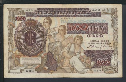 Geldscheine Banknoten Serbien 1000 Dinara 3 Frauen 1.Mai 1941 III