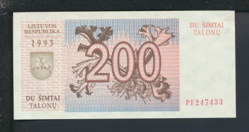 Geldscheine Banknoten Litauen 200 Talonas 1993 I UNC