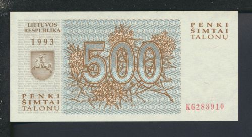 Geldscheine Banknoten Litauen 500 Talonas 1993 I UNC