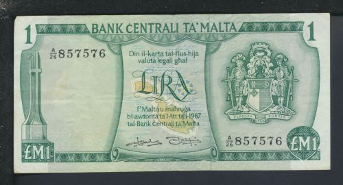 Geldscheine Banknoten Malta 1 Lira 1967 II
