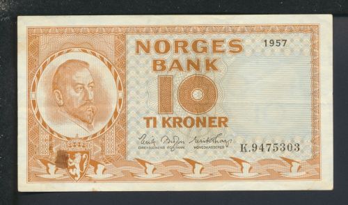 Geldscheine Banknoten Norwegen 10 Kronen Christian Michelsen 1957 III