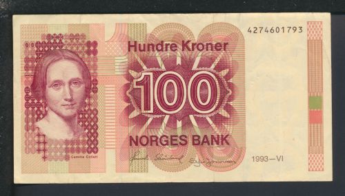 Geldscheine Banknoten Norwegen 100 Kronen C. Collett 1993 II-III