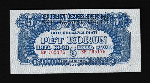 Geldscheine Banknoten Tschecheslowakei 5 Korun 1944 Blau SPECIMEN I UNC