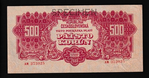Geldscheine Banknoten Tschecheslowakei 500 Korun 1944 SPECIMEN I UNC