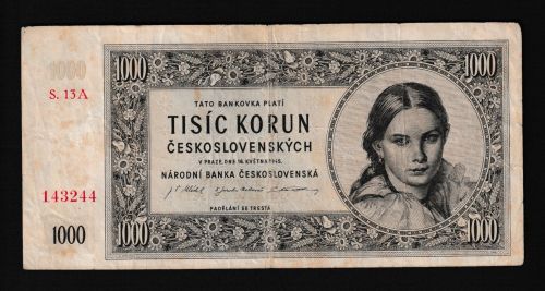 Geldscheine Banknoten Tschecheslowakei 1000 Korun 1945 III