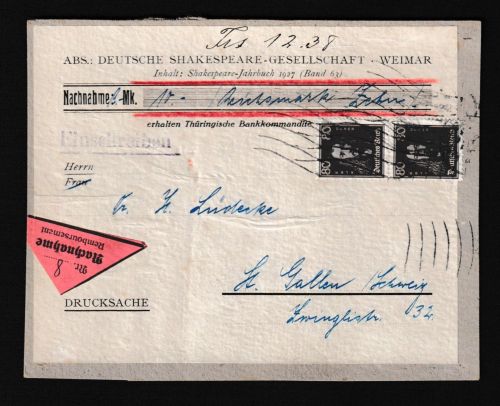 Deutsches Reich Brief Nachnahme MEF 397 Dürer Berühmte Deutsche Weimar (400,00++)