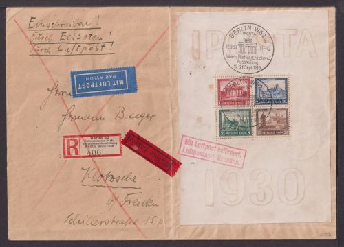 Block 1 Deutsches Reich Luftpost Eilboten R Brief IPOSTA Berlin Dresden Kat. -.-