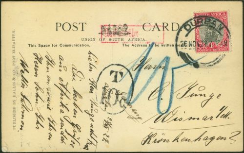 Afrika Ansichtskarte 1d. Durban Wismar mit Taxstempel für Nachgebühr Straßenbahn