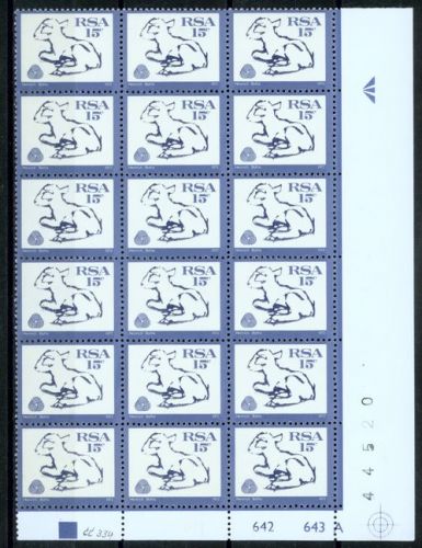 Südafrika 413, 15c Lamm ohne WZ 18er-Eckrandblock m. Randvermerken postfrisch