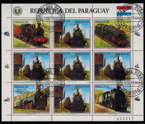 Paraguay 3994-3996 & 4025-4027 zwei Kleinbögen Eisenbahn 1986 gestempelt