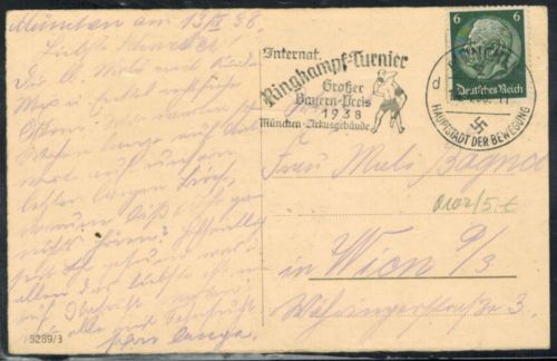 Sport 1938 seltener Sonderstempel Intern. Ringkampfturnier München Zirkusgebäude