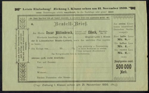 Lübeck Lotterielos der Fa. Oscar Müllenbrock mit Hauptgewinn 500.000 Mark 1899