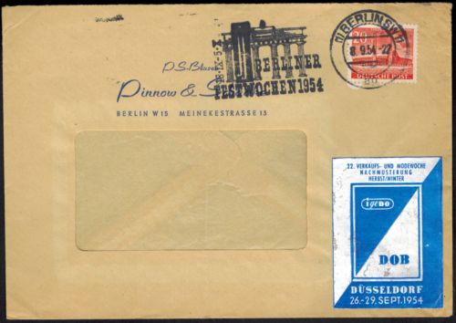 Berlin Brief 113 mit seltenem Werbestempel Festwoche Brandenburger Tor 1954