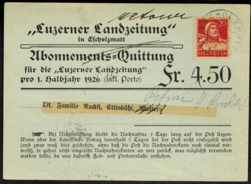 Schweiz Quittung 20 c. frankiert Landzeitung Luzern v. Escholzmatt n. Ettisbühl
