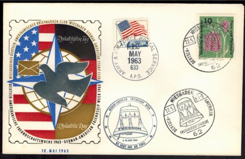 Brief deutsch-amer. Freundschaft m. 3 schönen SST Freiheitsglocke Wiesbaden USA