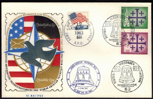 Brief deutsch-amer. Freundschaft m. 3 schönen SST Freiheitsglocke Wiesbaden USA