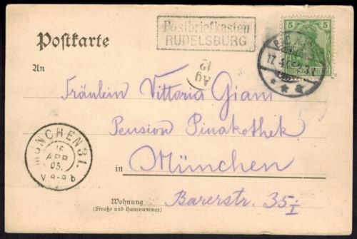 Deutsches Reich Ansichtskarte mit R2 Postbriefkasten Rudelsburg 1905 n. München