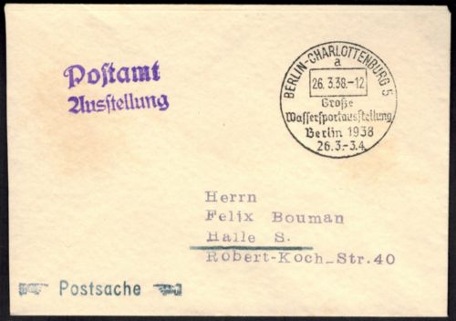 Reich Brief Postsache SST Berlin Charlottenburg Wassersportausstellung 1938