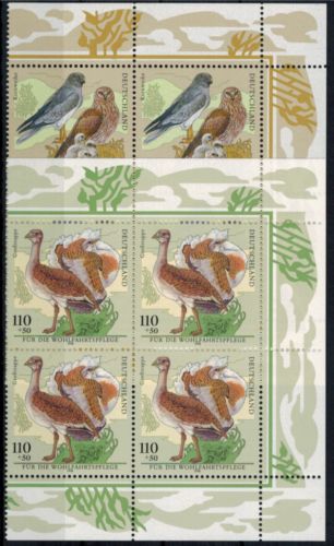 Bund 2015-19 Wohlfahrt Vögel Bogenecke Eckrand Viererblock re. o.+ u. postfrisch