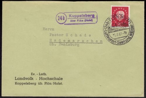 Bund Brief EF Landpoststempel Koppelsberg ü. Plön Schleswig-H. n. Hademarschen