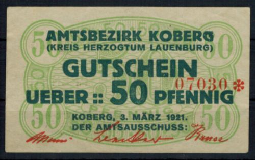 Notgeldschein Koberg Herzogtum Lauenburg Schleswig-Holstein 50 Pfg.
