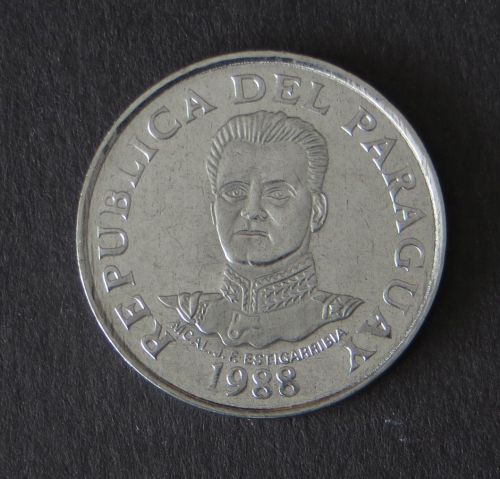 Münze Paraguay 50 Guaranies Marshall Estigarribia / Acaray-Staudamm 1988 stgl