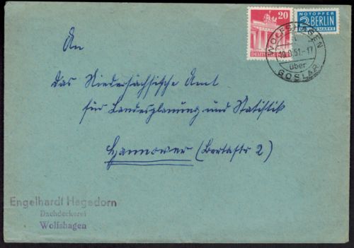 Bizone Brief Landpoststempel Wolfshagen über Goslar mit Motiv Brandenburger Tor