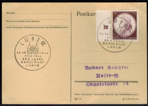 Deutsches Reich 810 vom Rand a. Postkarte Mozart Komponist Musik mit SST Lübeck
