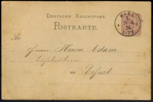 Deutsches Reich Ganzsache P 5 I mit K1 KIEL 1 9.4.1876 nach Erfurt