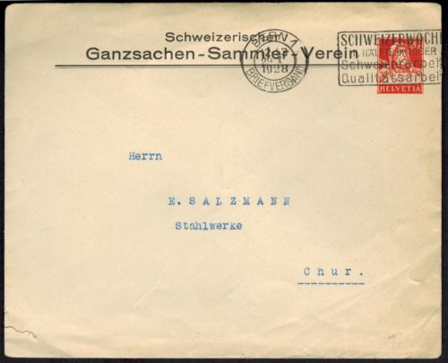 Schweiz Privat - Ganzsache 20 c. Tell Sammlerverein Werbestempel Bern nach Chur