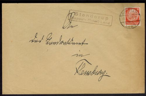 Brief Deutsches Reich Landpoststempel Stenderup Kappeln Schleswig nach Flensburg