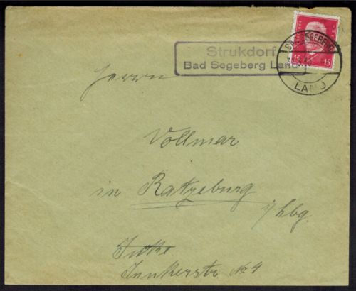 Brief Deutsches Reich Landpoststempel Strukdorf Ratzeburg Segeberg Schleswig