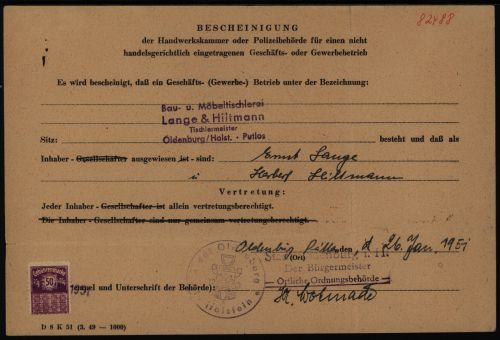 Bund Oldenburg Holstein Bescheinigung Bürgermeister mit Gebührenmarke 26.1.1951