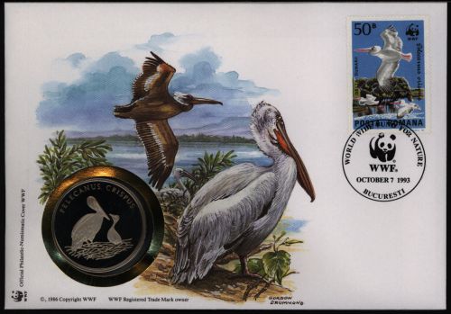 Numisbrief Rumänien Krauskopfpelikan Medaille 30 Jahre WWF Tiere