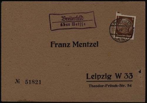 Deutsches Reich Brief Landpoststempel Breitenfeld ü. Neisse Nysa Schlesien 1942
